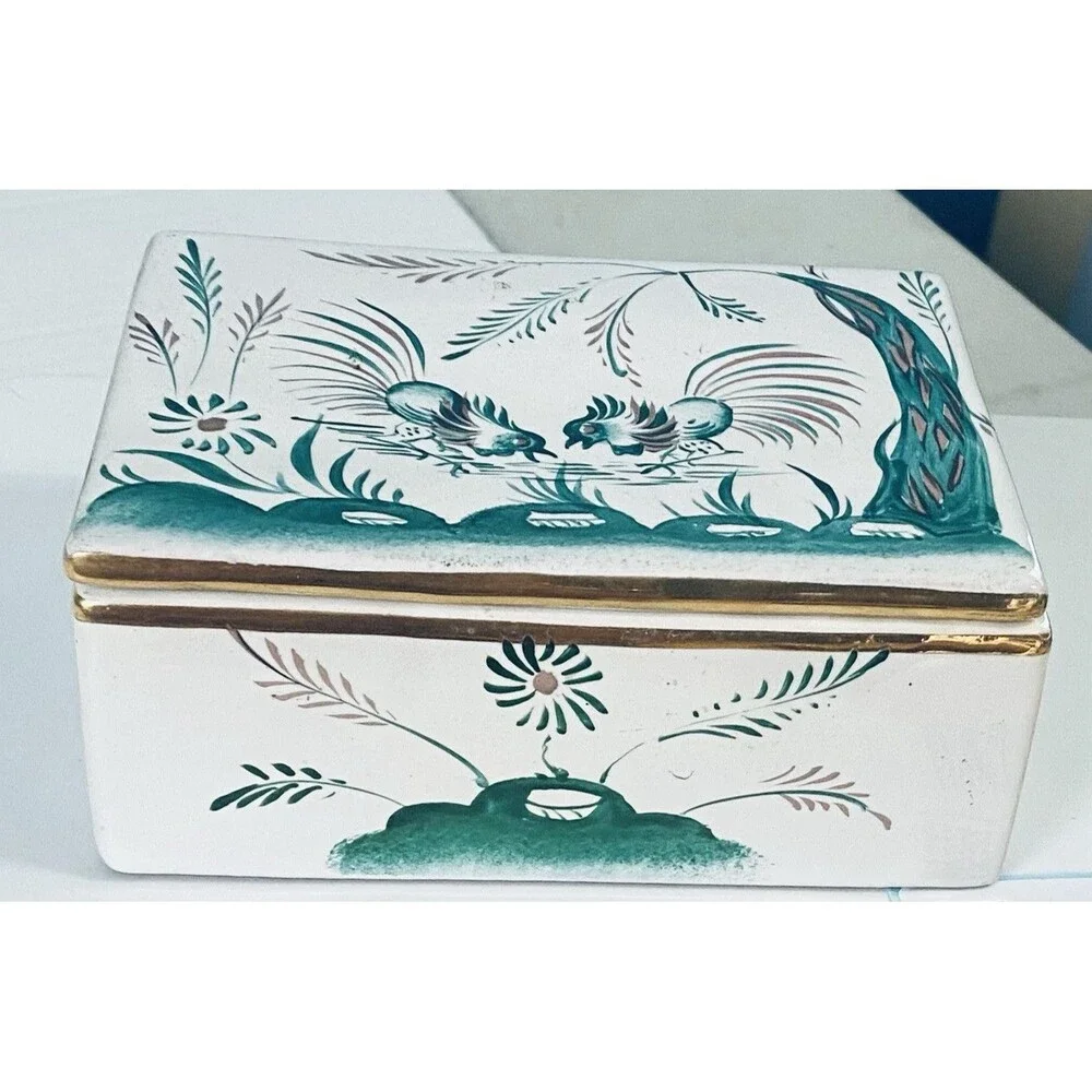 VTG  Porcelain trinket Box Roster  Bird Flower  Green W Gold Trim Italy ARS 792